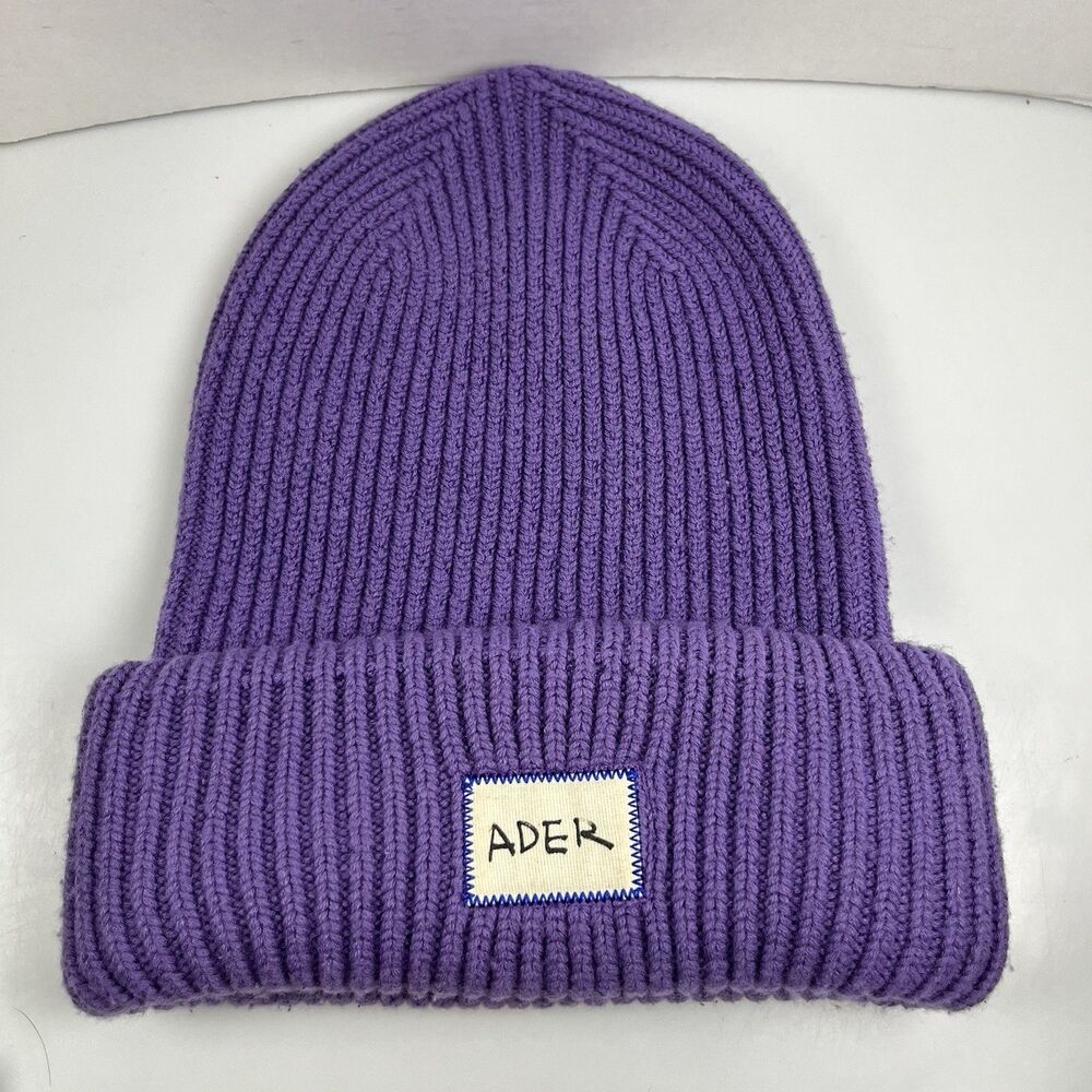 ADER ERROR Purple Knit Oversized Crumple Signature Beanie Hat Fall Winter 2020